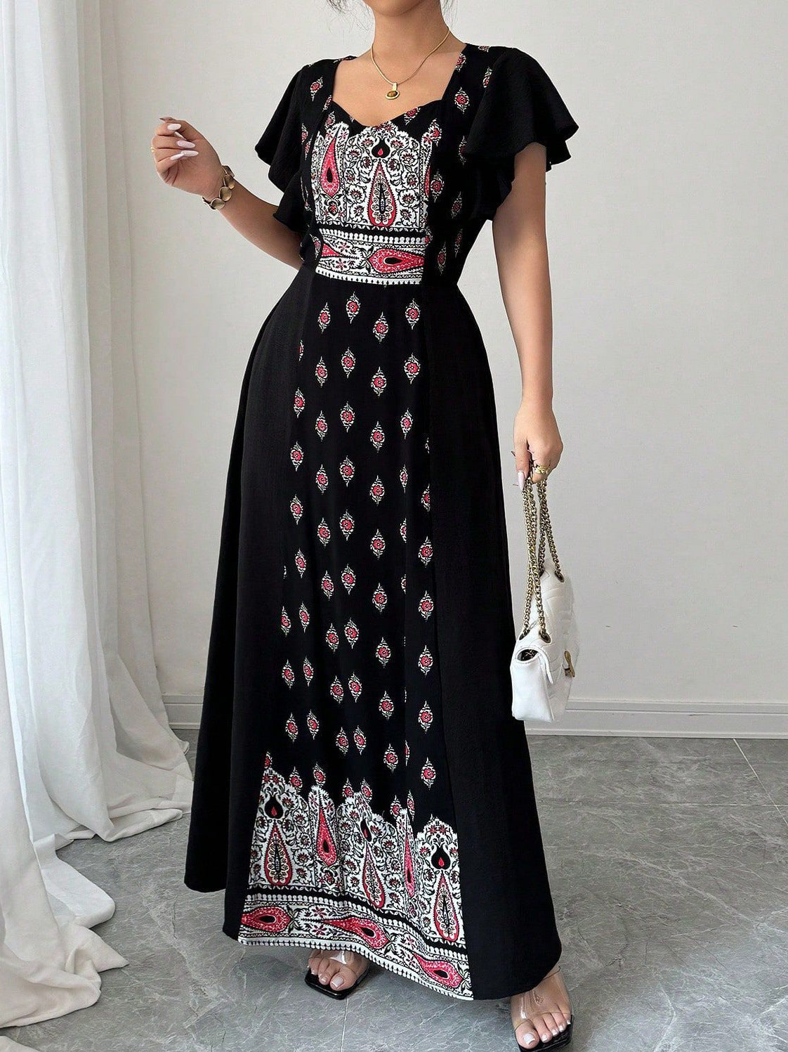 Women's Ethnic Print Maxi Dress – Elegant Waist-Defining Long Dress with Relaxed Fit and Short Sleeves