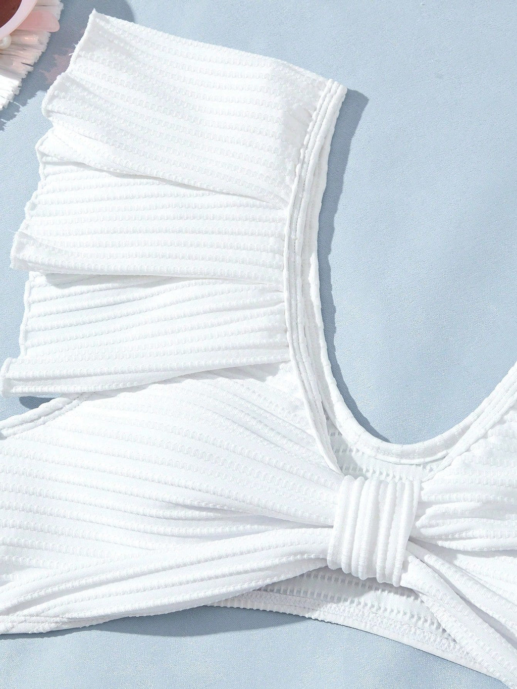 New Solid Color Bow Flying Edge Pleated High-Waist Split Bikini Swimsuit