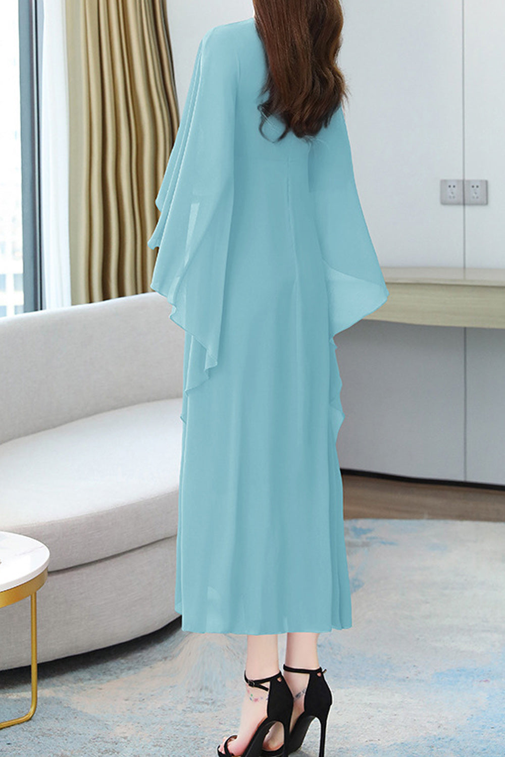 Women Solid Color V-Neck Mid Length Thin Fashionable Loose Dress