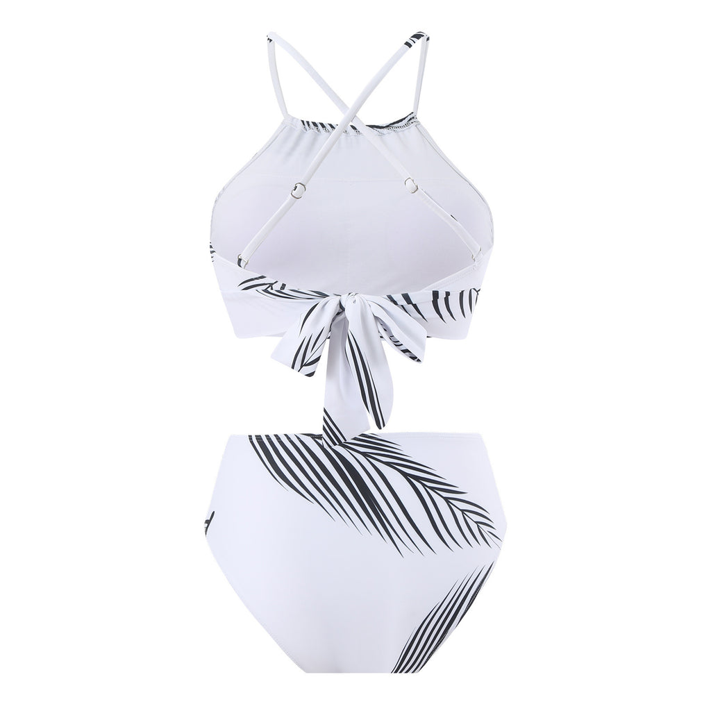 Three-Piece Skirt-Style Sunscreen Swimsuit with Feather Print - Women's Swimsuit