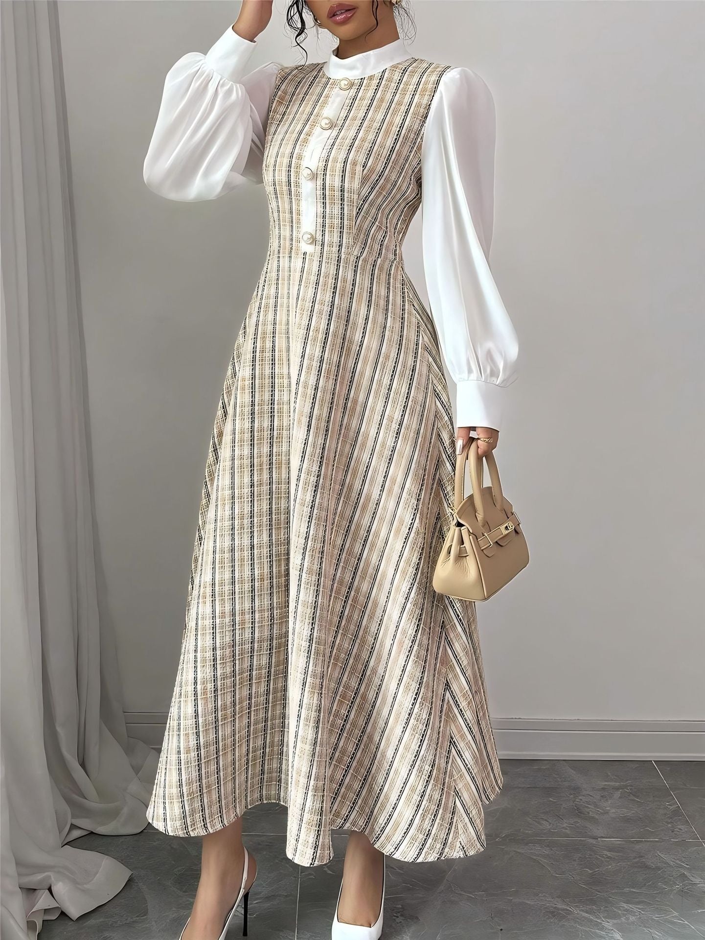 Winter Elegant Waist-Defined Long Sleeve Dress with Tailored Fit and Modern Fashion Design