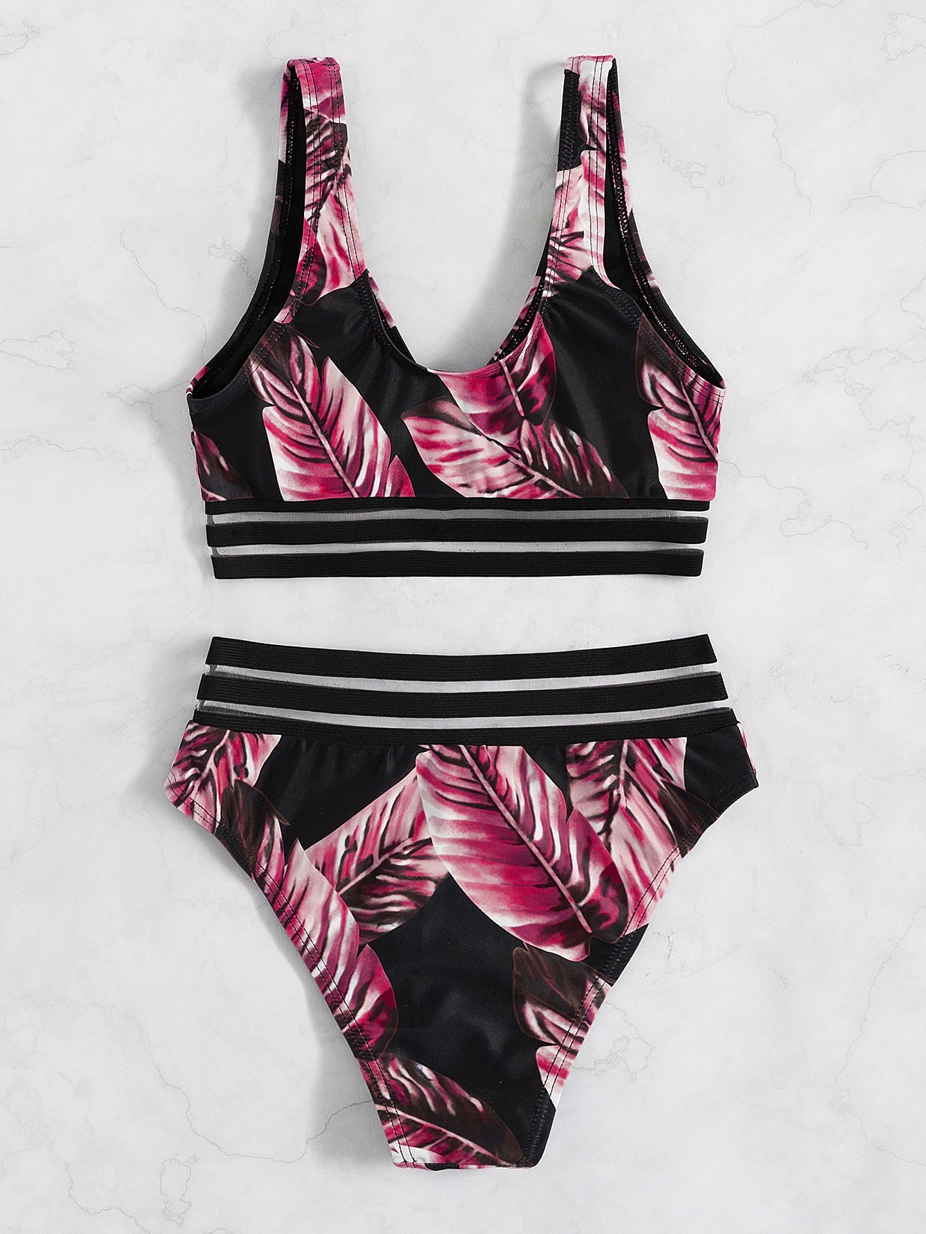Leaf Print High-Waisted Two-Piece Bikini with Three-Stripe Straps