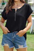 Women Short Sleeve Zipper V-Neck Blouse