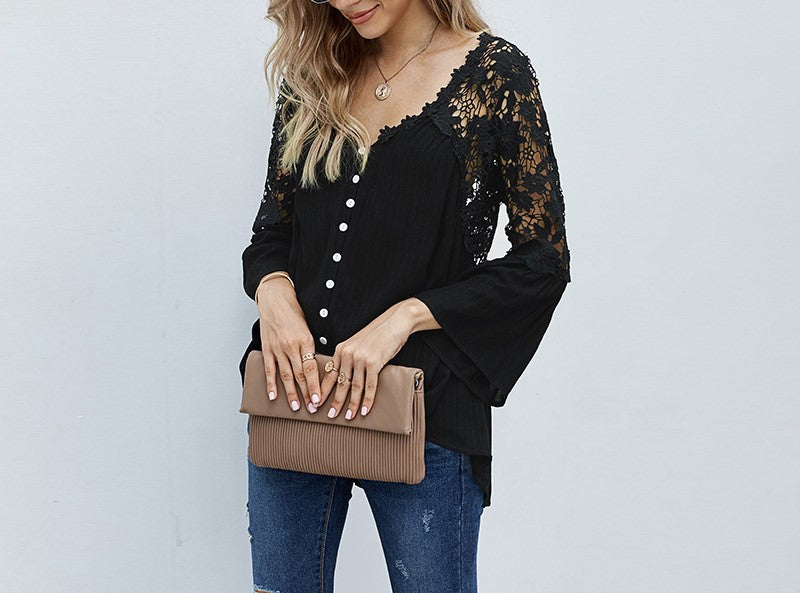 Women's Long Sleeve Solid Color V-Neck Pullover Chiffon Blouse Casual Elegant Lightweight Top