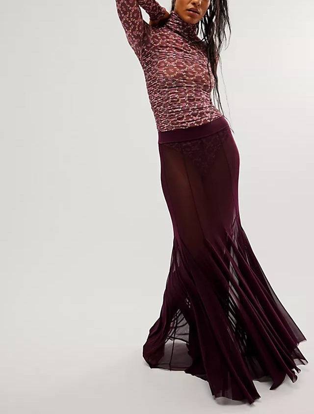 Women's Mesh High-Waisted Long Skirt - Elegant Sheer Layered Maxi