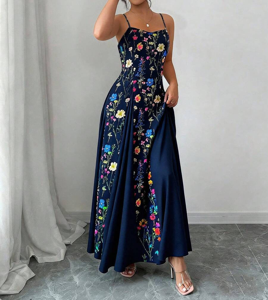 Women's Elegant Printed Strap Maxi Dress – Lightweight Sleeveless Summer Vacation Long Dress with Flowing Fit