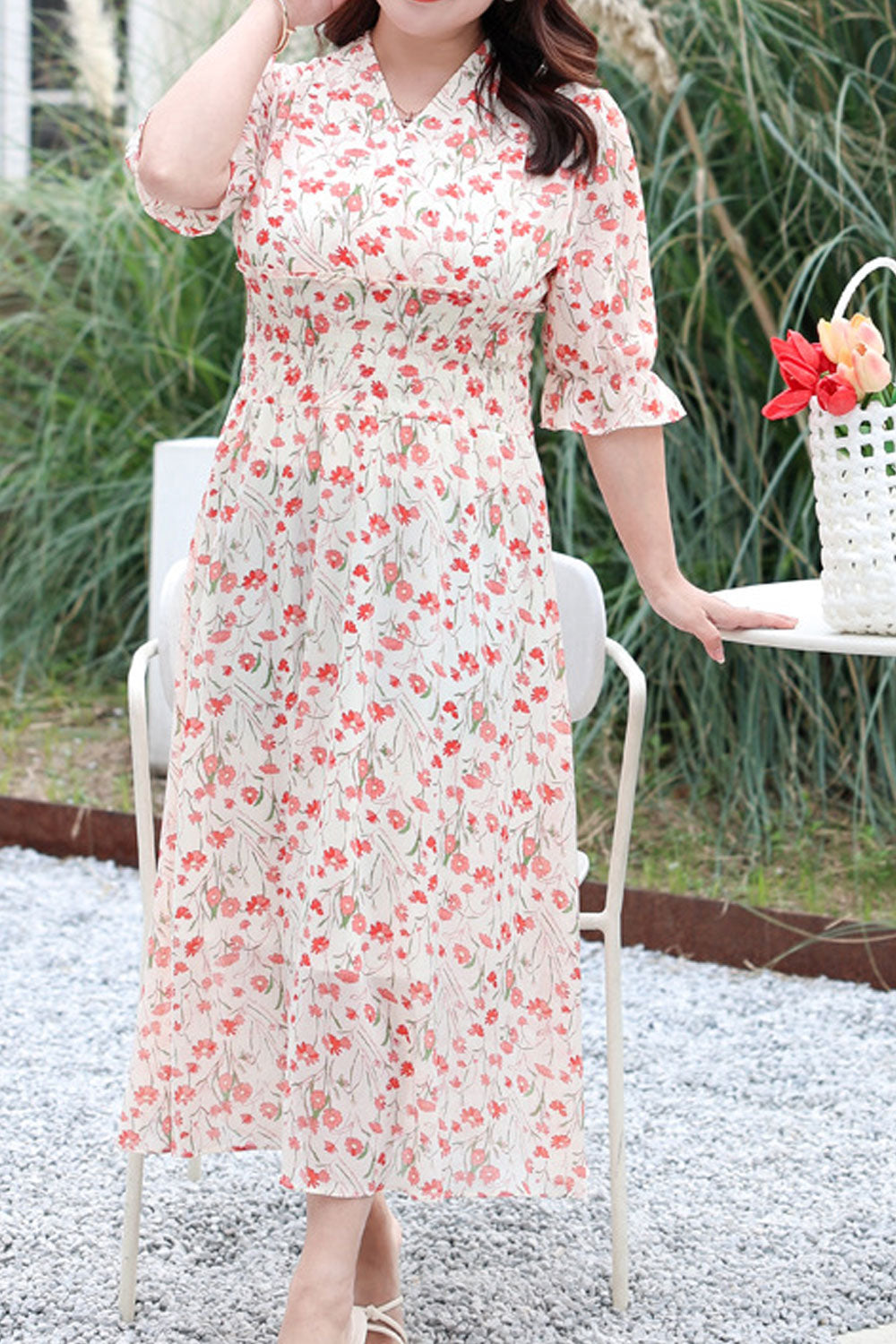 Women's Fashion Chiffon Printed Mid Length Waist Dress