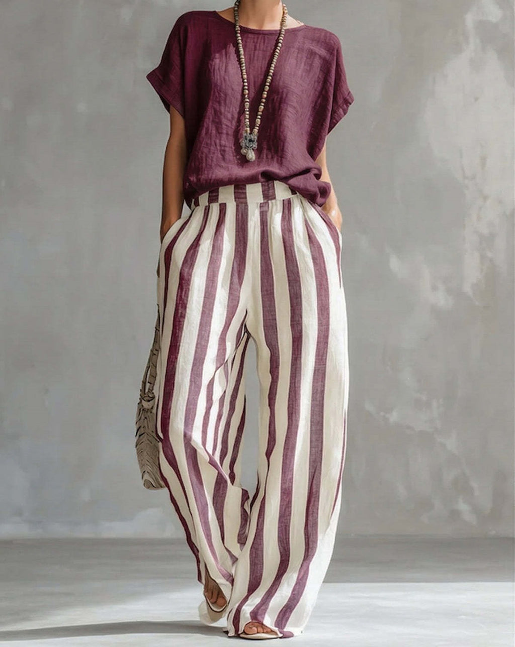Women's Round Neck Top with Straight Striped Casual Pants Two-Piece Outfit Set