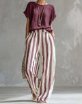 Women's Round Neck Top with Straight Striped Casual Pants Two-Piece Outfit Set