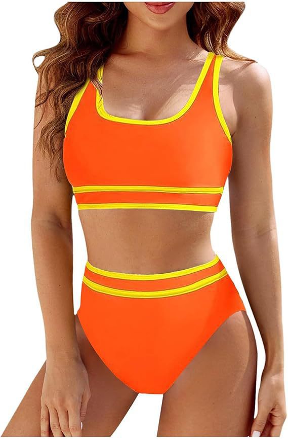 Sporty Color-Match High-Waist Bikini Set with Vest Top