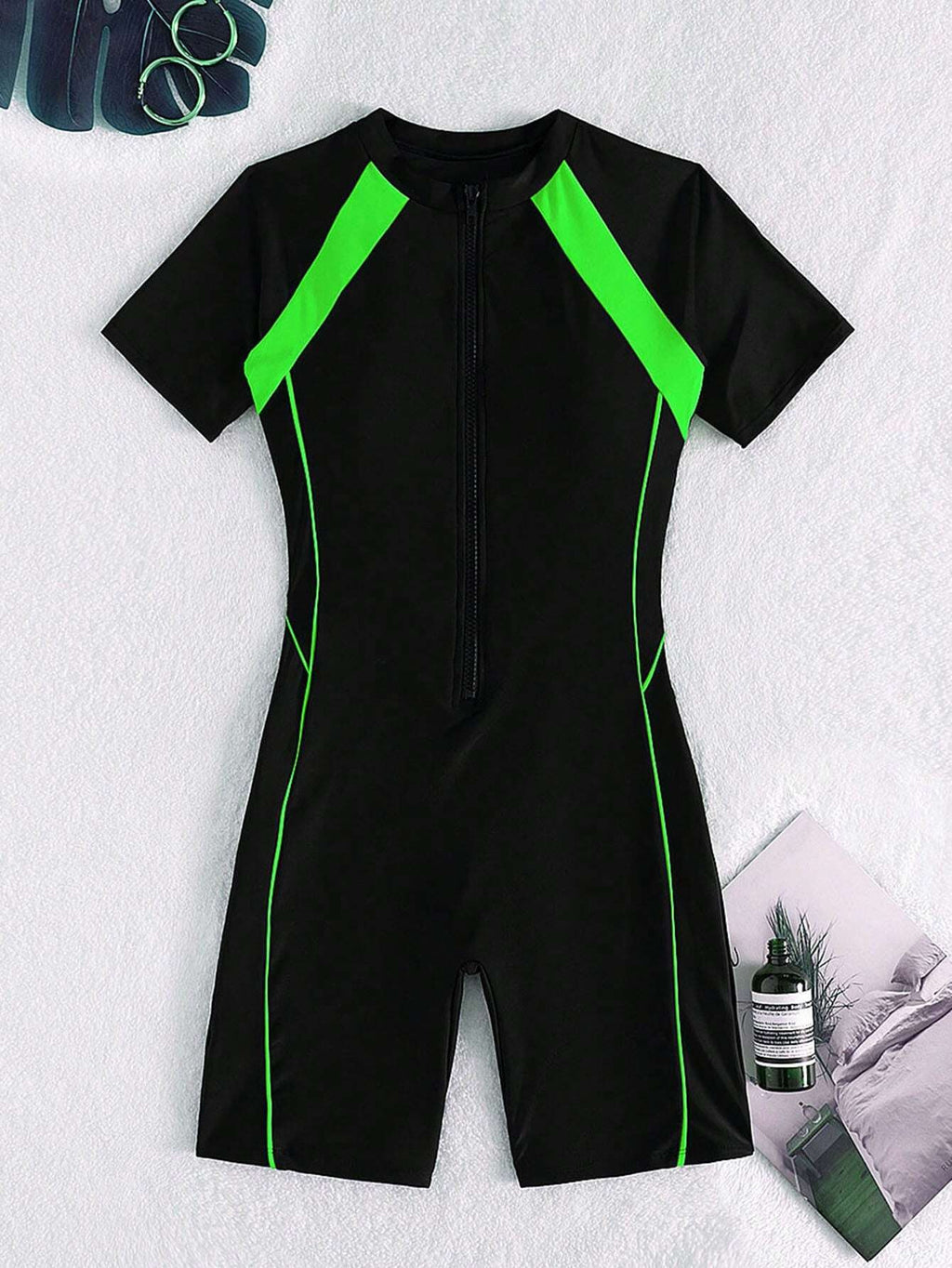 Multi-Color High-Neck Zipper Bikini Short-Sleeve Onesie Surf Suit for Women