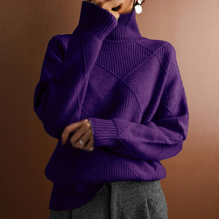Women's Loose Elegant High-Neck Knitwear - Solid Color Commuter Sweater