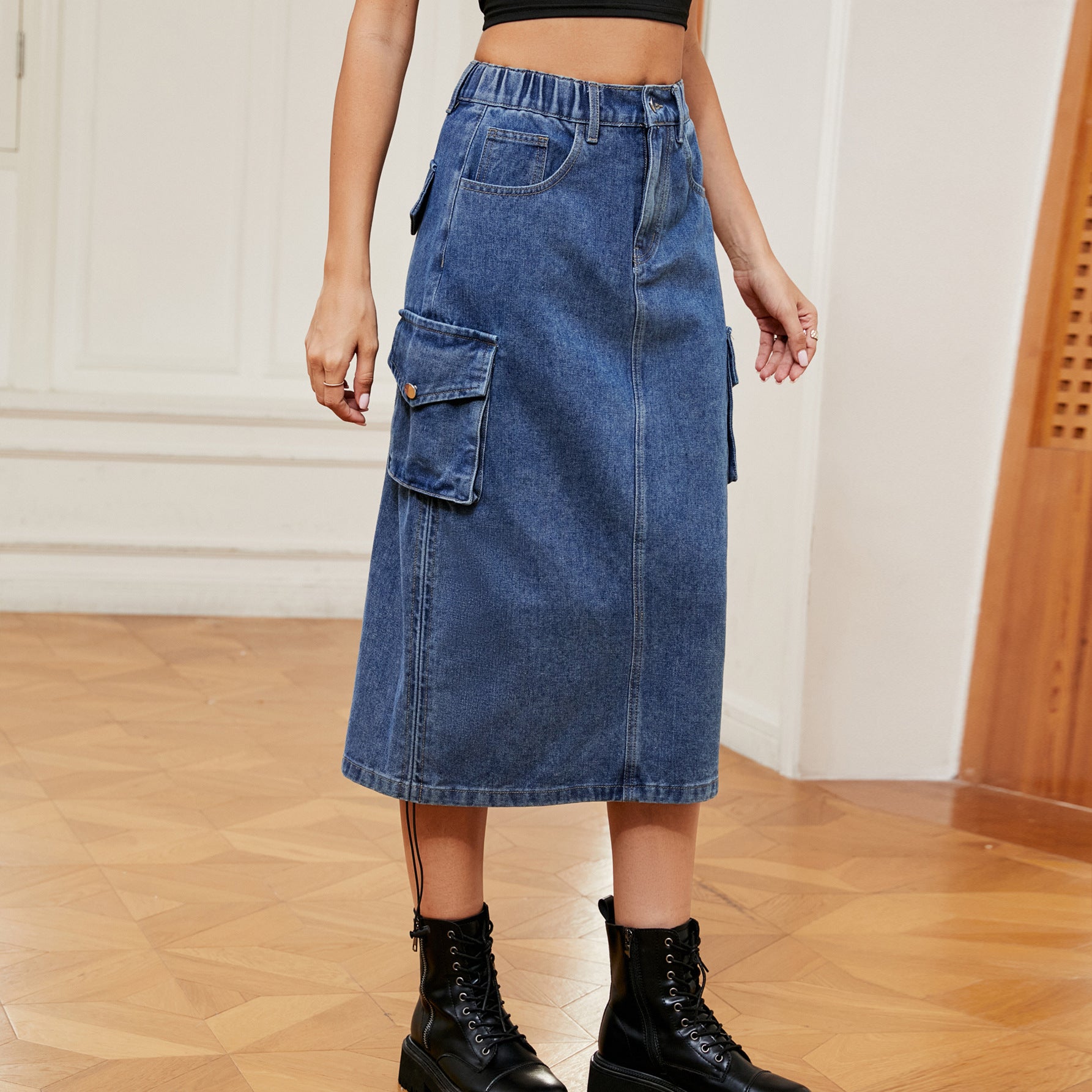 Women's Denim Workwear Skirt - Casual Mid-Length Style