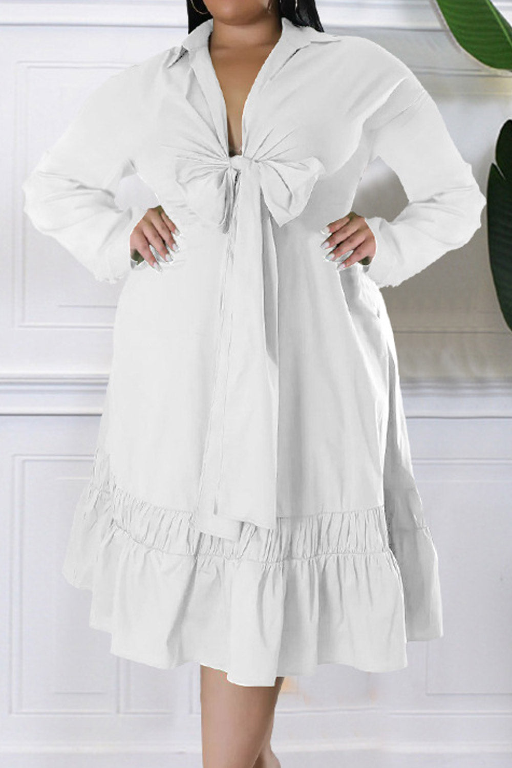Women Plus V-Neck Ruffle Bow Ruched Elegant Party Dress