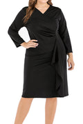 Women's Plus Solid Ruffle Trim Long Sleeve V Neck Casual Slim Fit Dress
