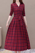 Women Fabulous Plaid Pattern V-Neck Long Sleeve Adjustable Waist Belt Mid-Length Skirt Style Dress