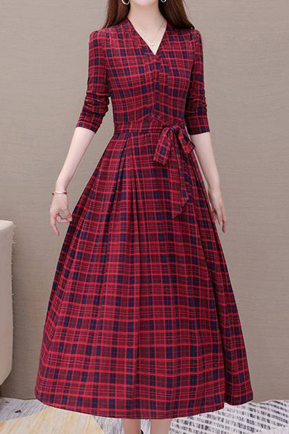 Women Fabulous Plaid Pattern V-Neck Long Sleeve Adjustable Waist Belt Mid-Length Skirt Style Dress