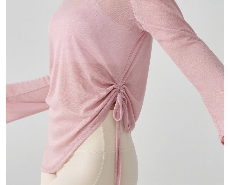 Women's Long Sleeve Yoga Blouse Hip-Covering Pleated Drawstring Top Loose Casual Autumn Dance Fitness Running Shirt