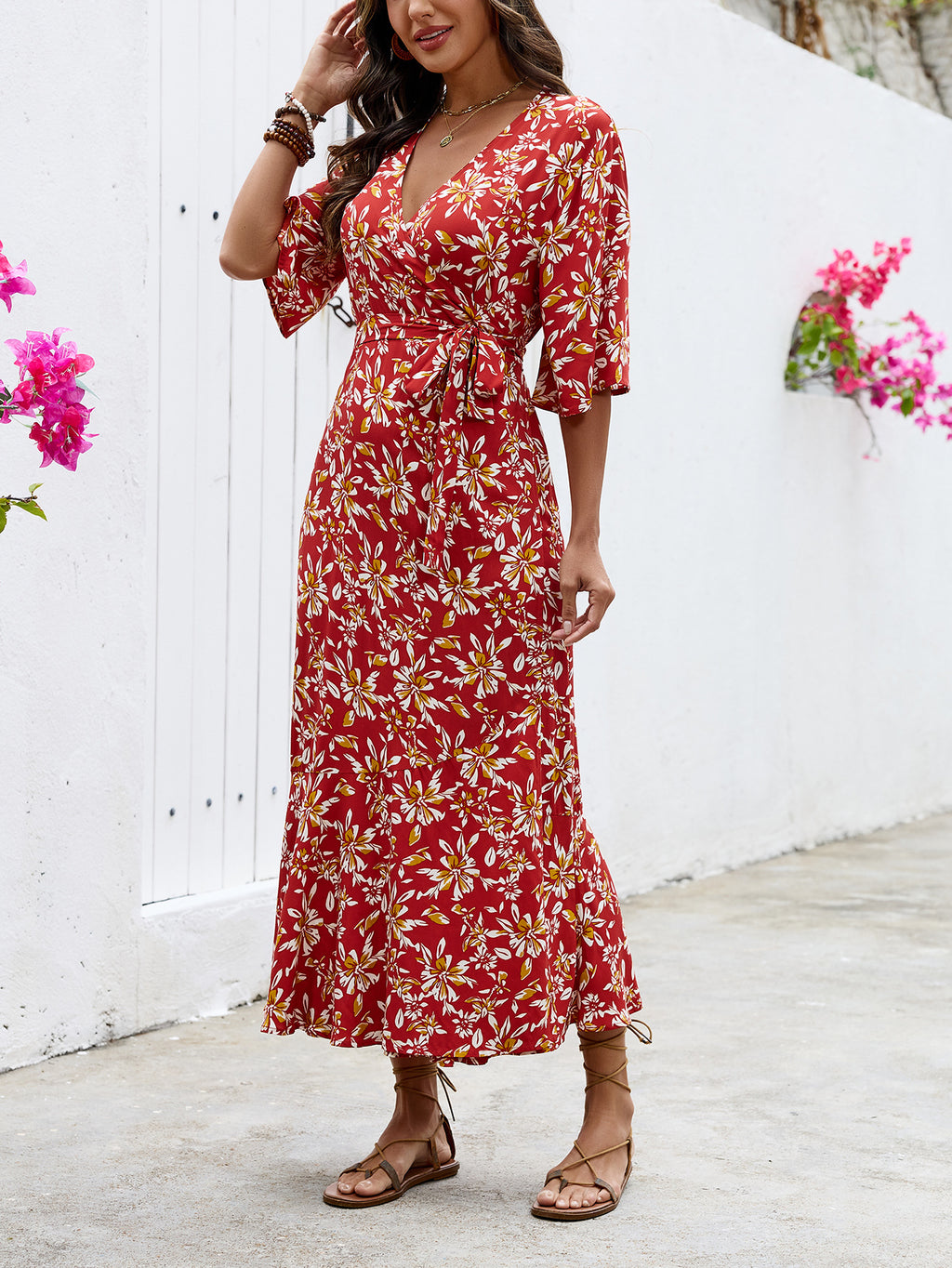 Women's Printed Floral Tie-Up Slit Maxi Dress – Bohemian Summer Vacation Long Dress