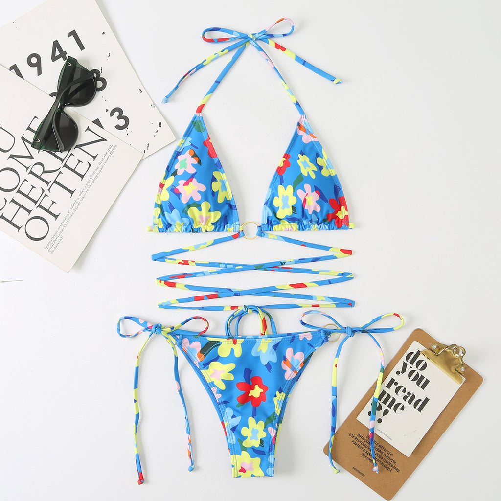 New Digital Print Lace-Up Neck Bikini Two-Piece Split Swimsuit for Women
