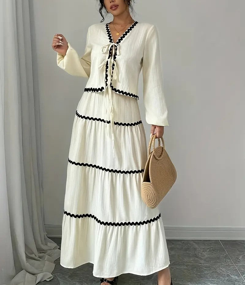 Women's Lace Layered Pleated Lantern Sleeve Bow Shirt and Matching Skirt Two-Piece Set