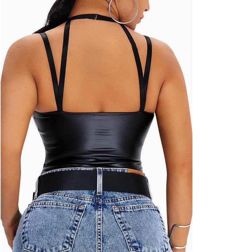 Women Stretch Lace Backless High Neck Long Sleeve PU Tight Vest with Leather Skirt Set for Nightclub Wear