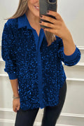 Women's Winter Solid Color Lapel Long Sleeve Button Sequin Detail Shirt Top