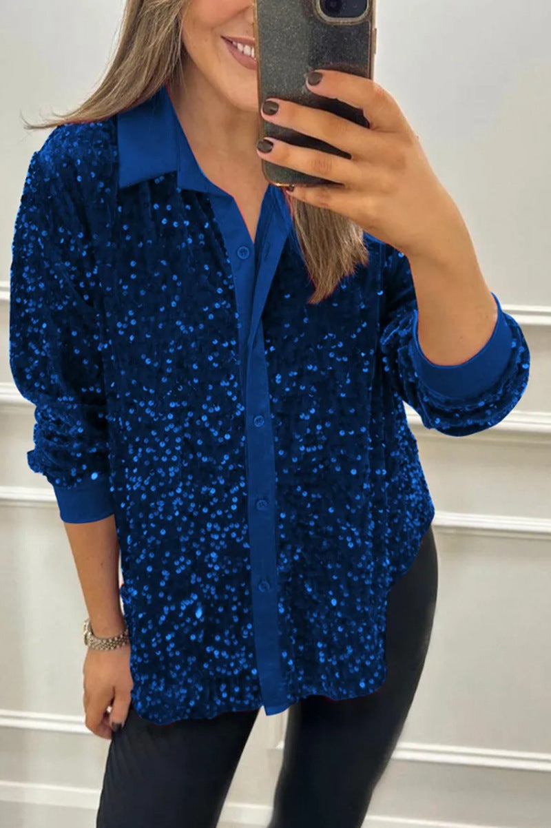 Women's Winter Solid Color Lapel Long Sleeve Button Sequin Detail Shirt Top