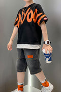 Kids Boys New Fashionable Stylish Round Neck Short Sleeves Letter Pattern T- Shirt with Handsome Cool Looking Thin Summer Shorts
