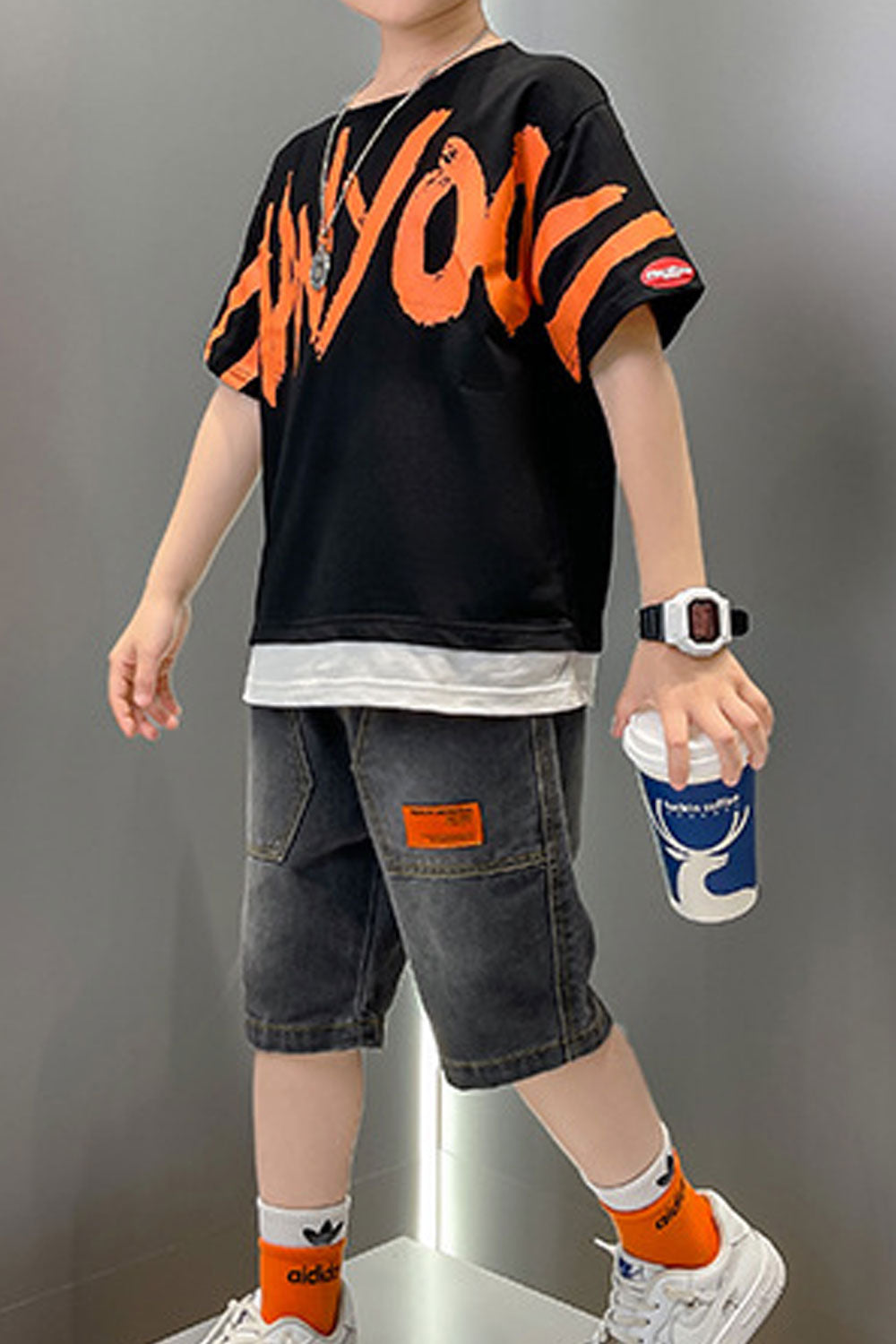 Kids Boys New Fashionable Stylish Round Neck Short Sleeves Letter Pattern T- Shirt with Handsome Cool Looking Thin Summer Shorts