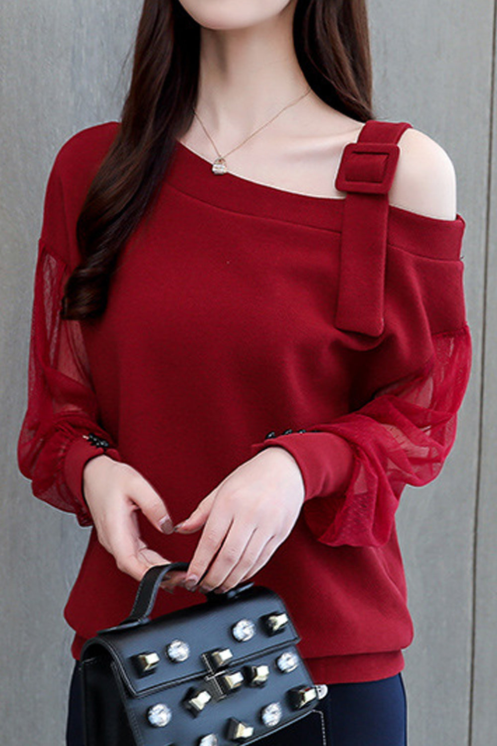 Women Tremendous Solid Colored See Through Lantern Sleeves Oblique Neck Ribbem Hem Casual Shirt