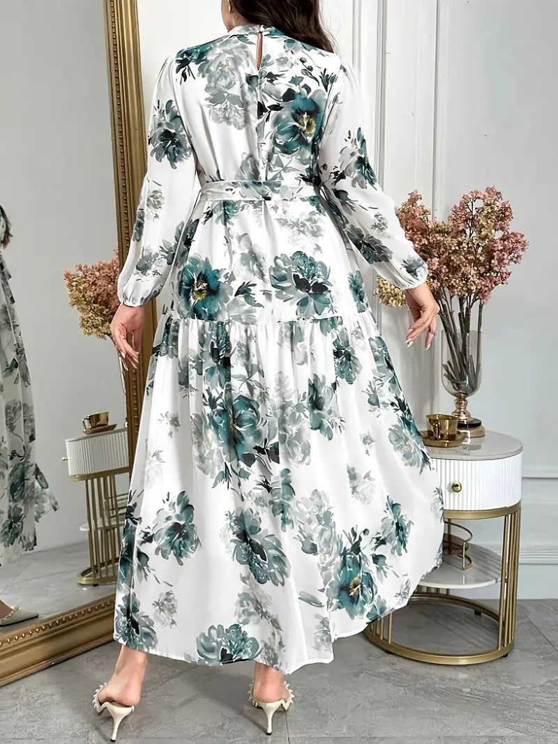 Plus Size Women's French Inspired Lace-Up Summer Dress, Elegant Slim Fit Long Chiffon Holiday Maxi Swing Dress