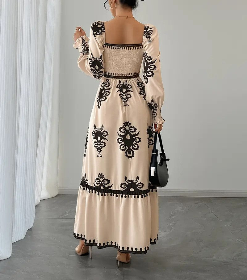 Women's Elegant Printed Square Neck Beach Dress Casual Vacation Midi Dress