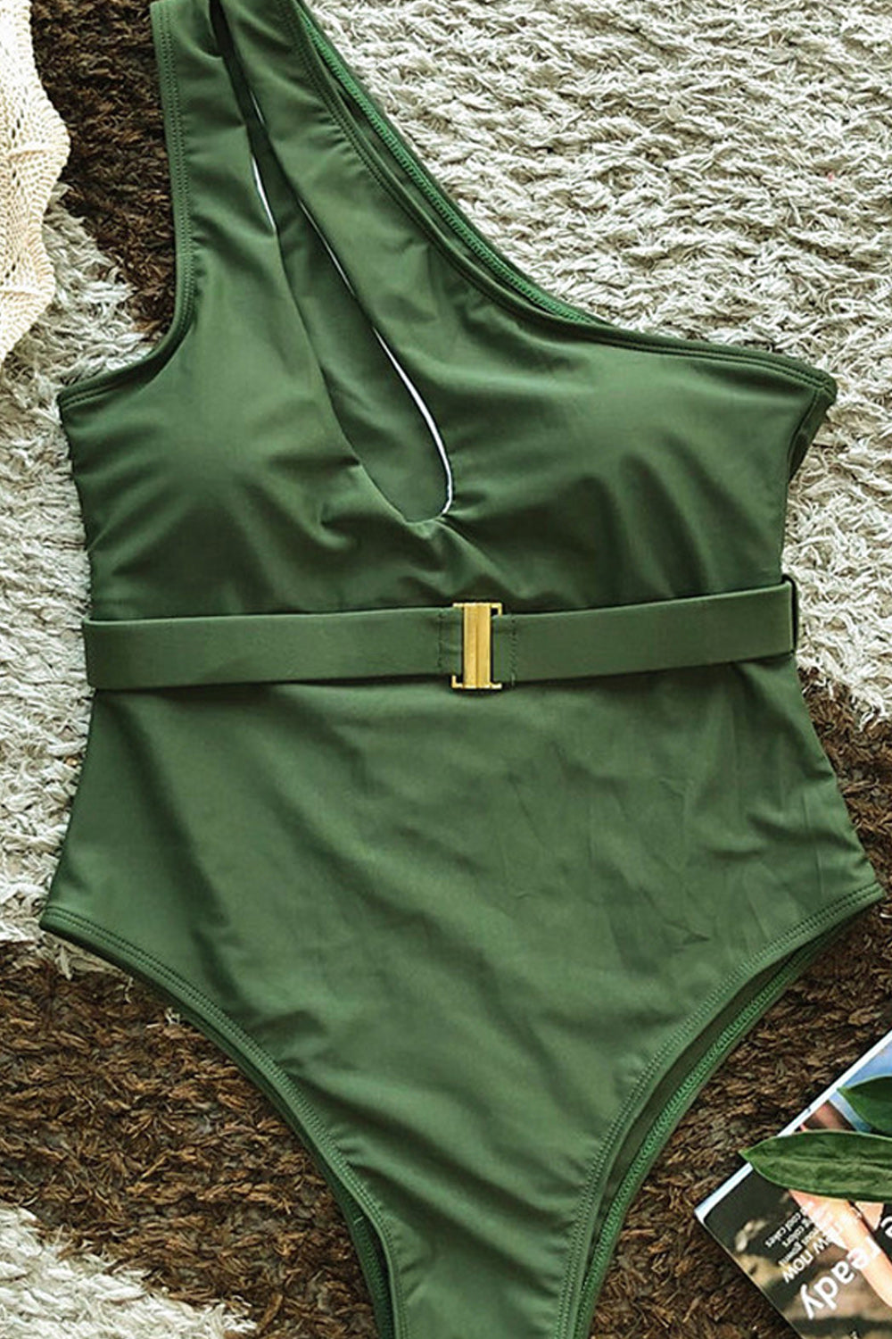 Women Solid Colored One Shoulder Fashionable Swimwear