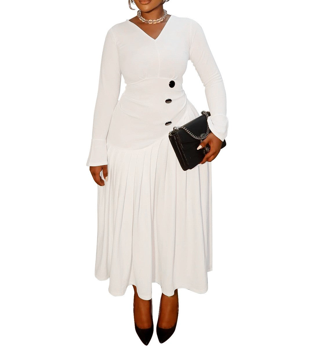 Plus Size Autumn V-Neck Pleated Long Dress – Waist-Defined Elegant Maxi