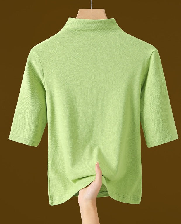 Women's Elegant White Turtleneck Mid-Sleeve Top - Classic High-Neck Fashion Shirt