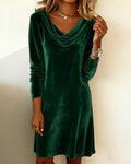 Women's Solid Color Swing Collar Long-Sleeve Velvet Dress