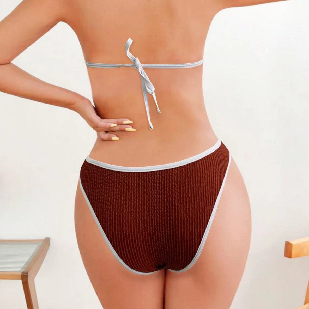 New Solid Color Lace-Up Neck Bikini with High Waist & Backless Split Design