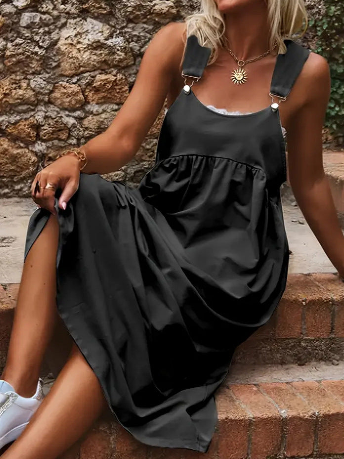 Plus Size Women's Solid Color Loose Casual Strap Maxi Dress with Relaxed Fit for Everyday Wear
