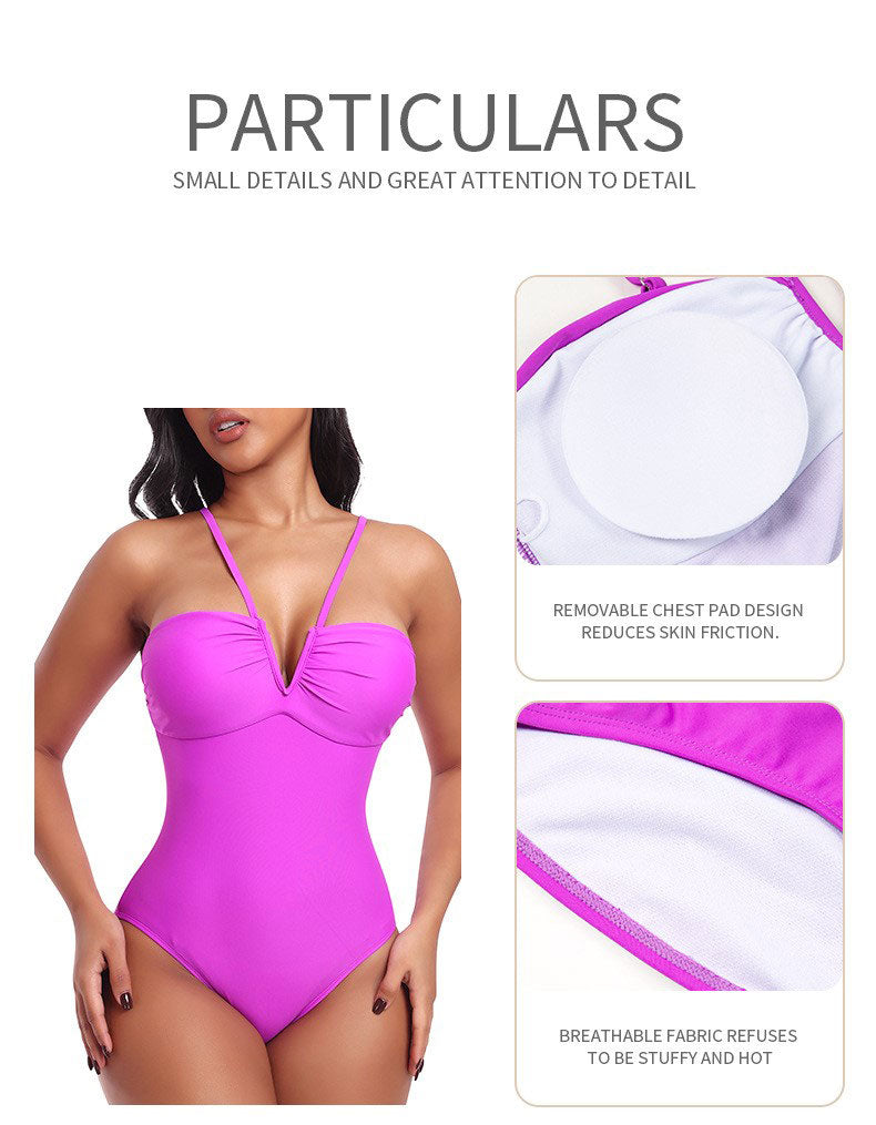 Strappy Triangle V-Neck Halter One-Piece Shaping Swimsuit with Tummy Control