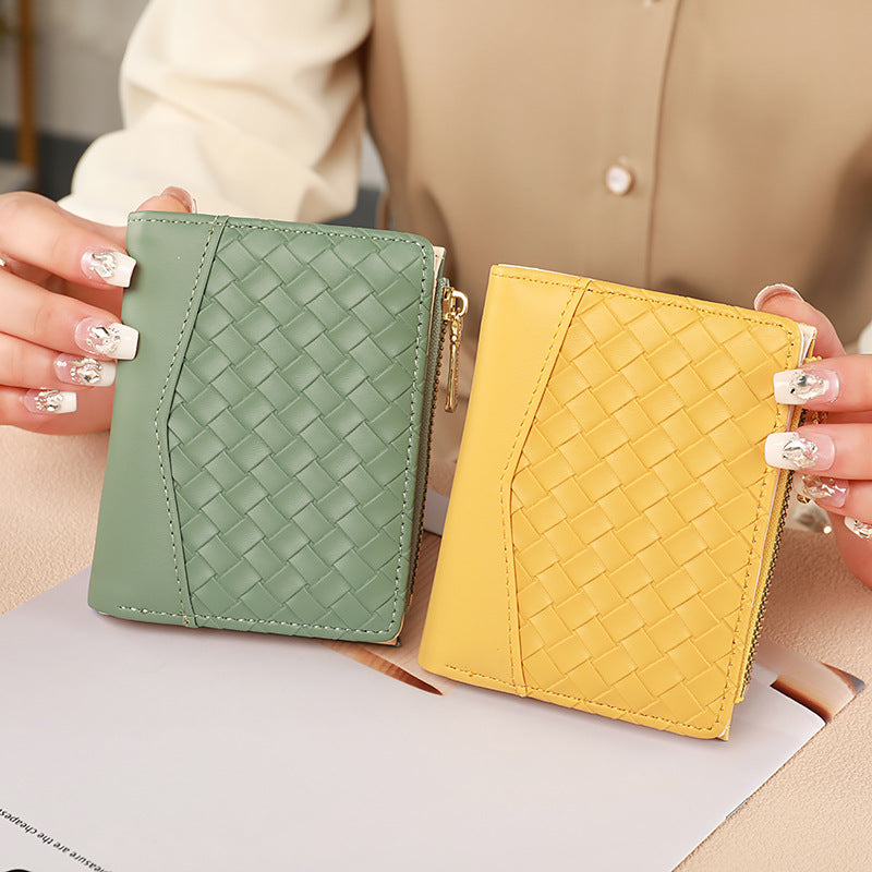 Women's Short Coin Purse with Multiple Card Slots, Coin Clip Wallet, Fashionable Woven ID Bag, Patchwork Design