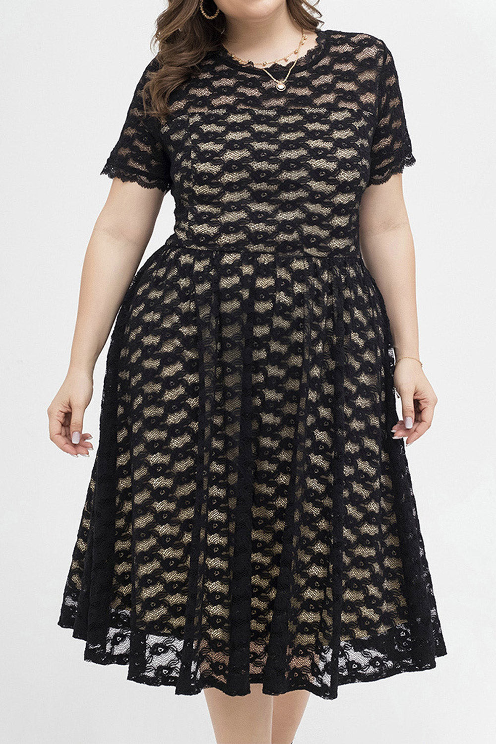 Women Plus Elegant Sexy Slim Round Neck Short Sleeve Lace Dres