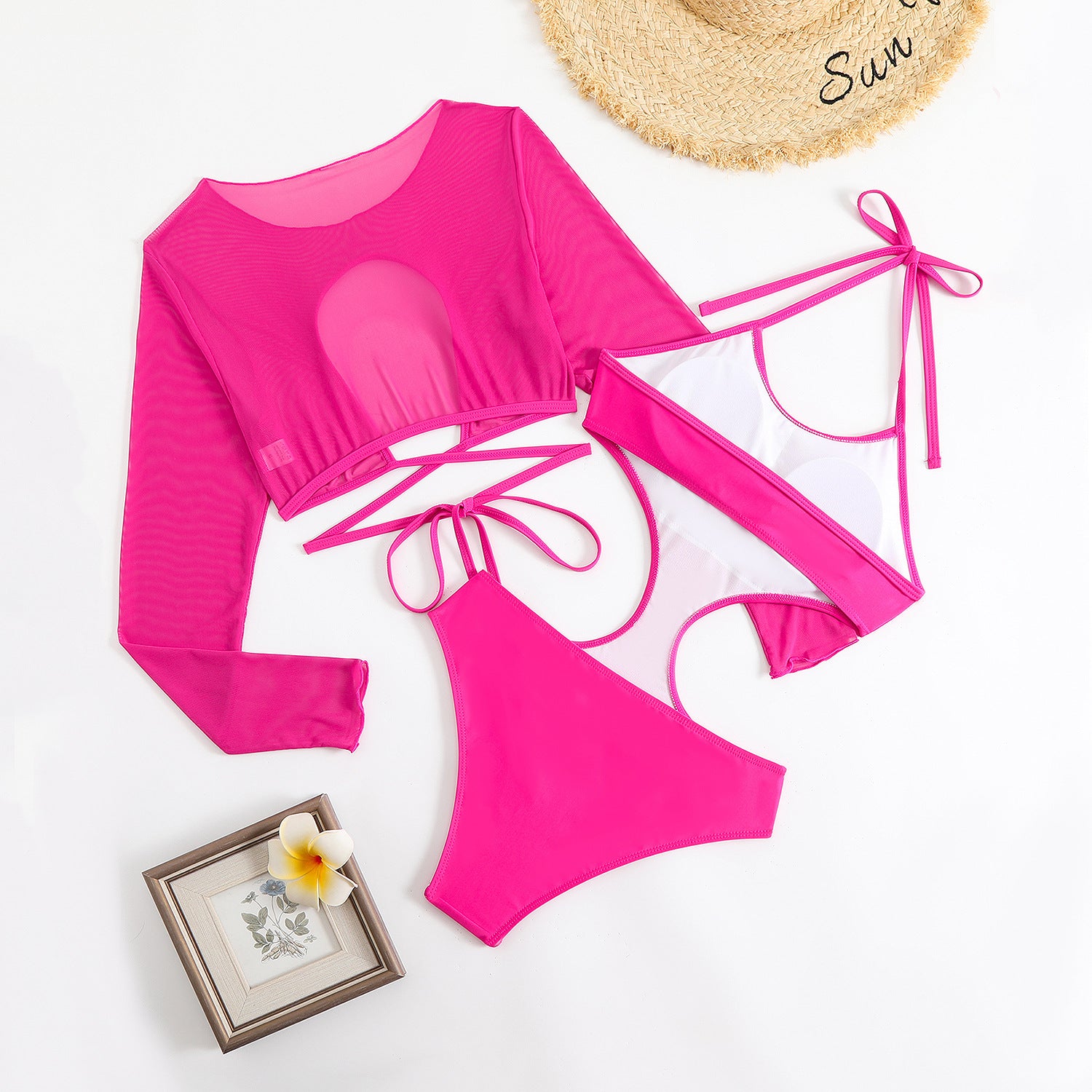 Mesh Strap Solid Color Bikini Swimsuit for Women