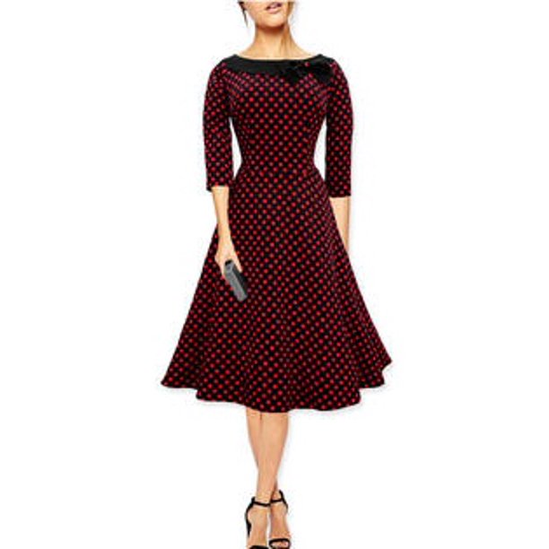 Women Round Neck with Bow Full Doted Halter Dress Black with Red Dots