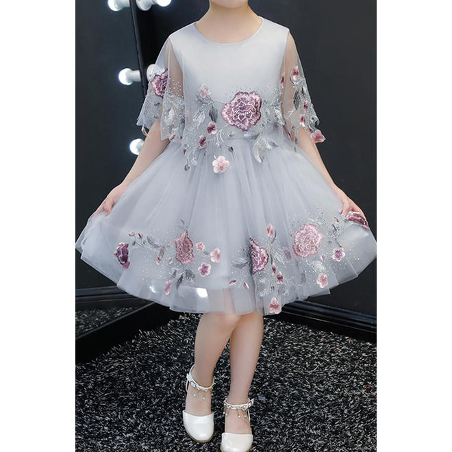 Kids Girls Summer Flower Lace Round Neck Thin Fashionable Dress