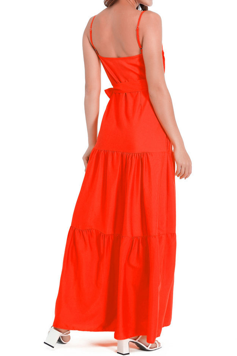 Women Elegent Solid Colored Sleeveless Styled Straped Shoulder Long Length V-Neck Relax Fit Party Dress