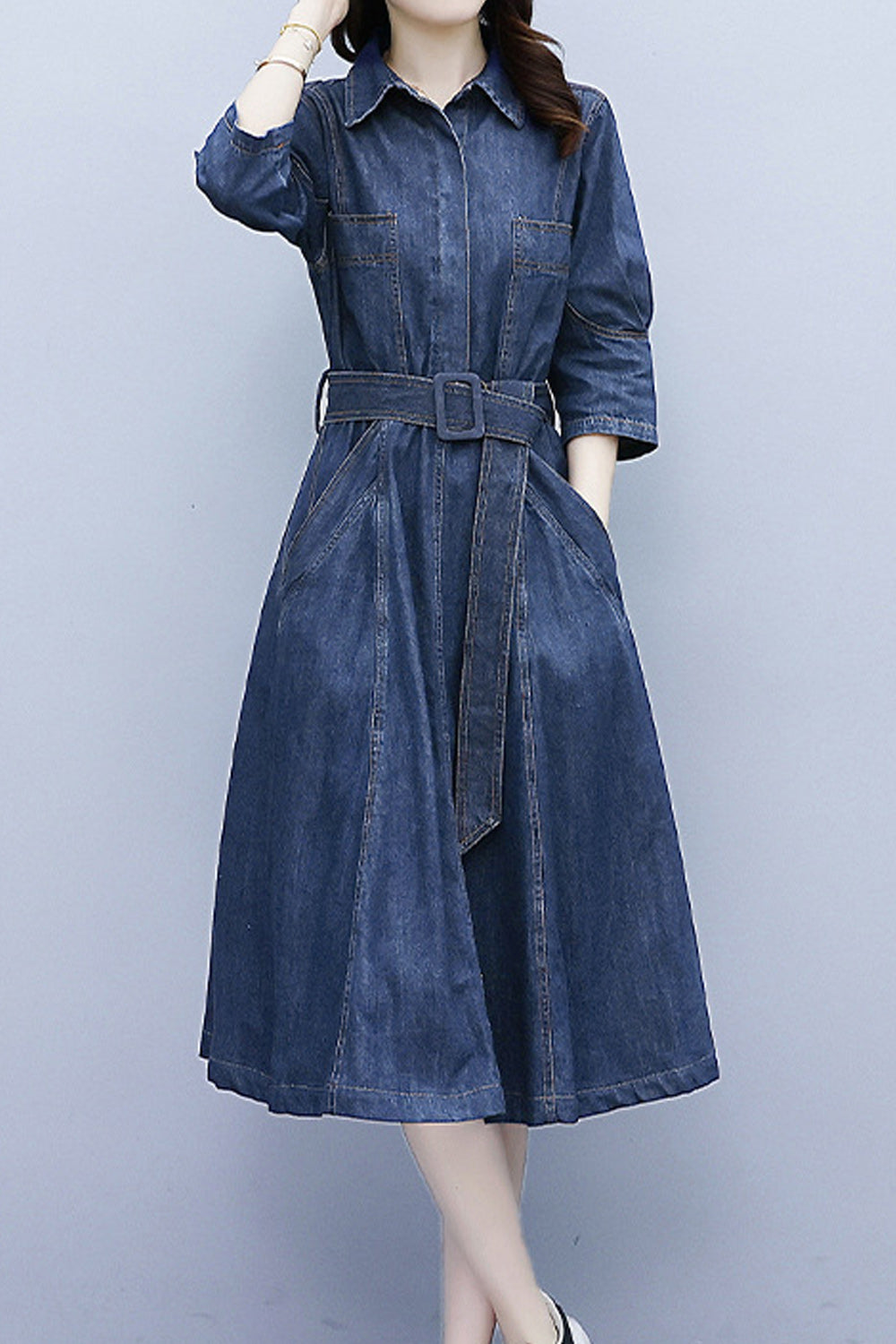 Women Stylish Collar Short Sleeve Awesome Solid Colored Mid-Length Autumn Casual Denim Dress