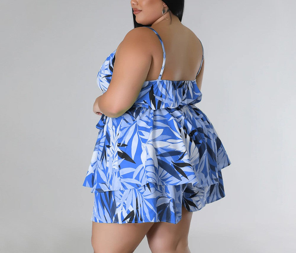 Summer V-Neck Printed Sleeveless Jumpsuit – Waist-Hugging Casual Plus Size Romper for Women