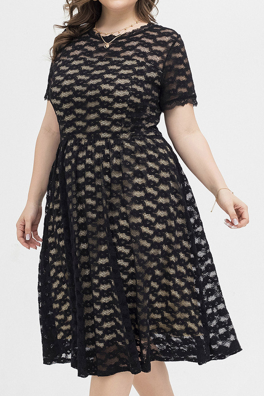 Women Plus Elegant Sexy Slim Round Neck Short Sleeve Lace Dres