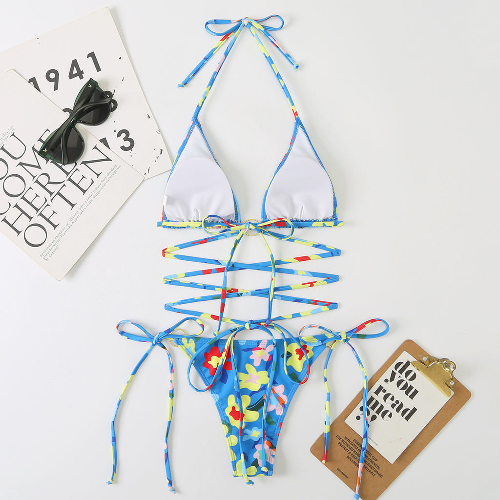New Digital Print Lace-Up Neck Bikini Two-Piece Split Swimsuit for Women